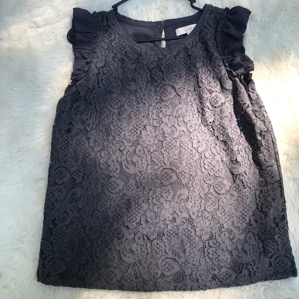 Loft Slate Gray Lace Flutter Sleeve Top